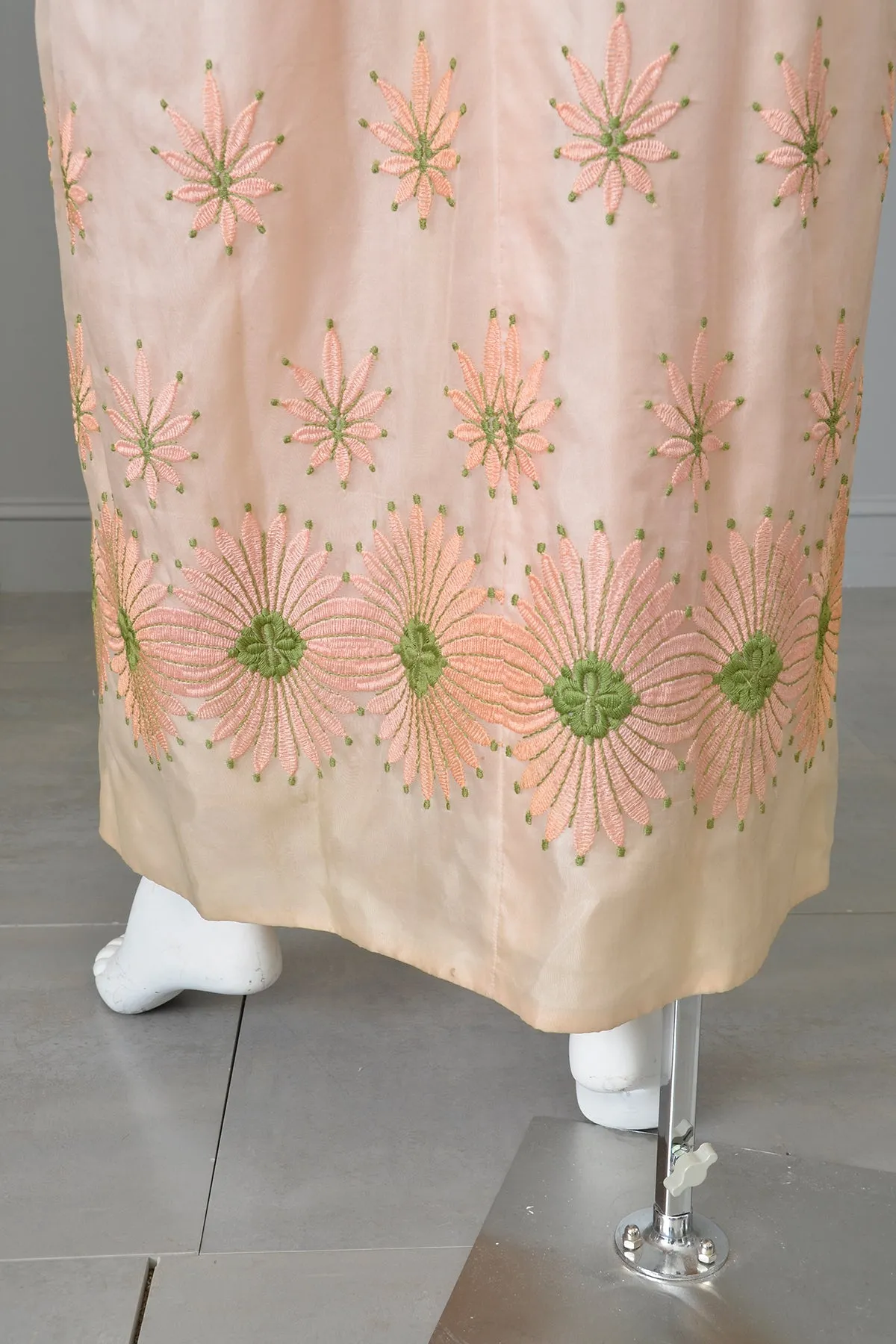 1960s Dusty Peach Pink Embroidered Ruched Gown | Vintage Bridesmaid or Prom Dress | XXS