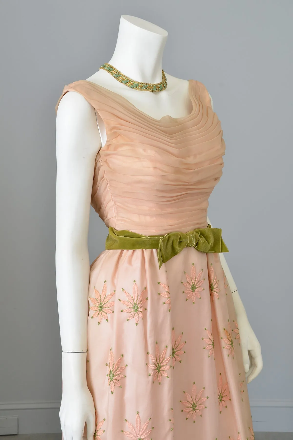 1960s Dusty Peach Pink Embroidered Ruched Gown | Vintage Bridesmaid or Prom Dress | XXS