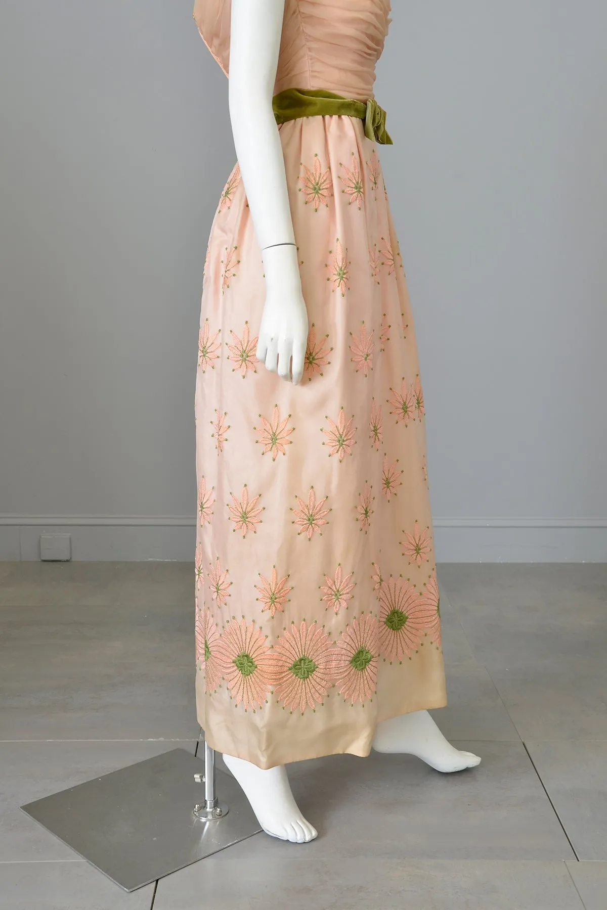 1960s Dusty Peach Pink Embroidered Ruched Gown | Vintage Bridesmaid or Prom Dress | XXS