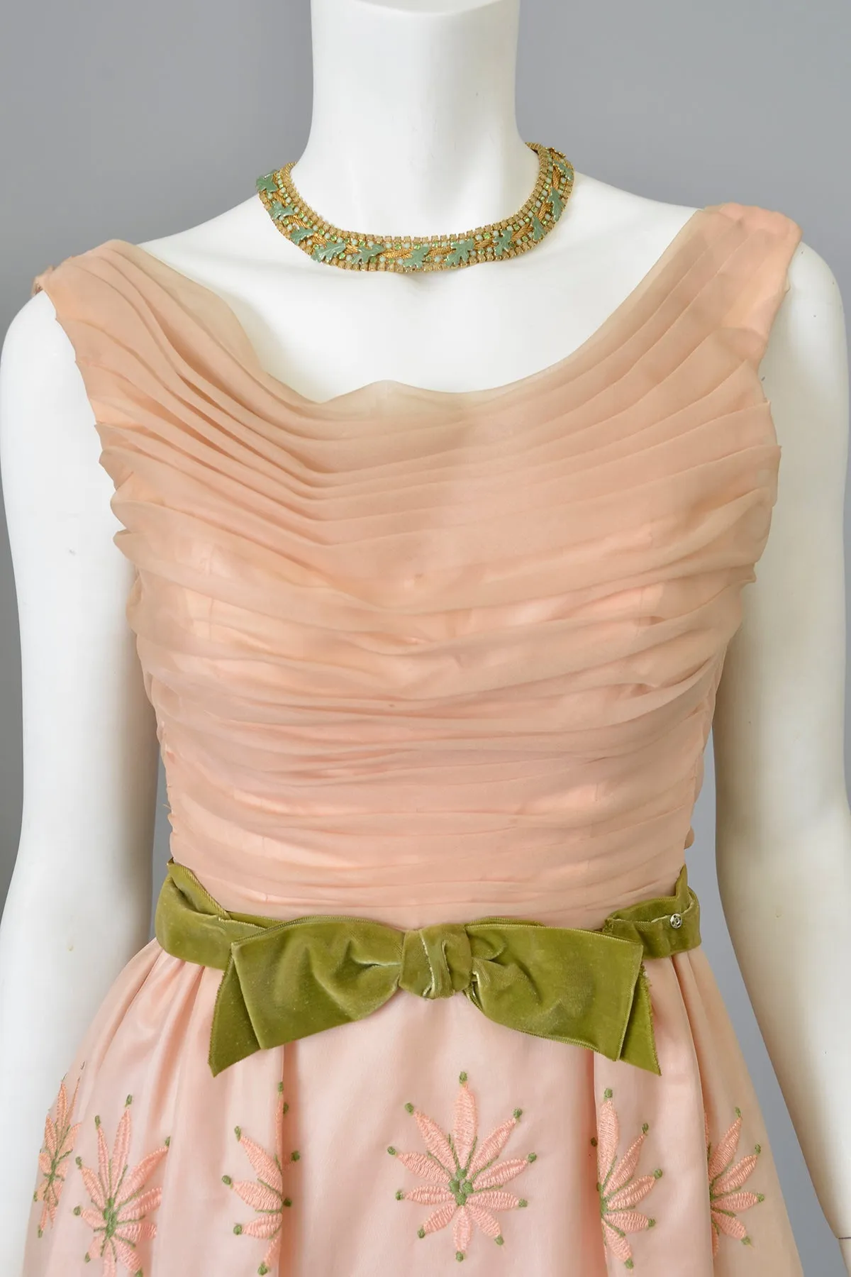 1960s Dusty Peach Pink Embroidered Ruched Gown | Vintage Bridesmaid or Prom Dress | XXS