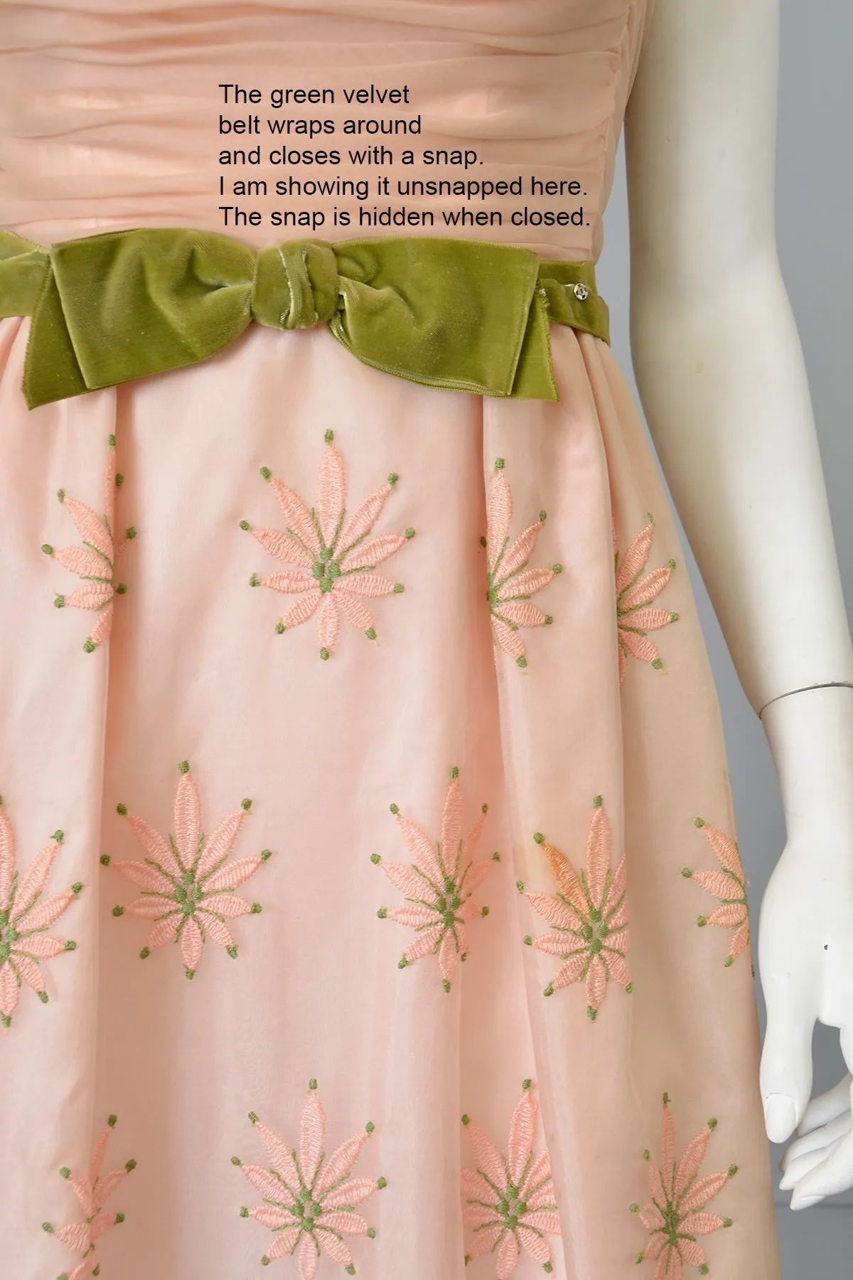 1960s Dusty Peach Pink Embroidered Ruched Gown | Vintage Bridesmaid or Prom Dress | XXS