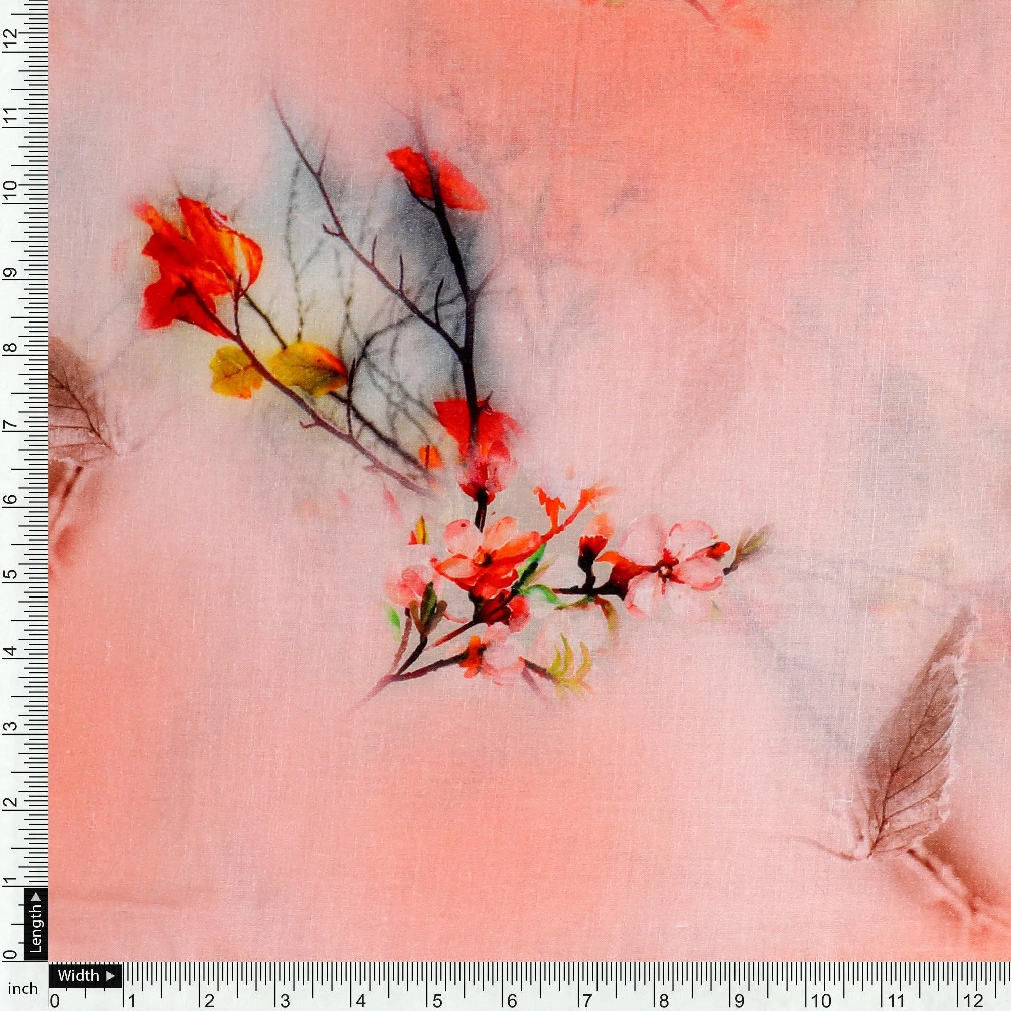 Antique Coral Colour Background With Autumn Buds Digital Printed Fabric