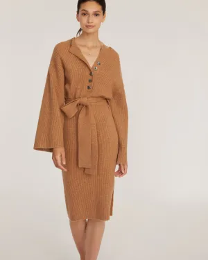 Arie Ribbed Cashmere Blend Henley Midi Sweater Dress in Camel