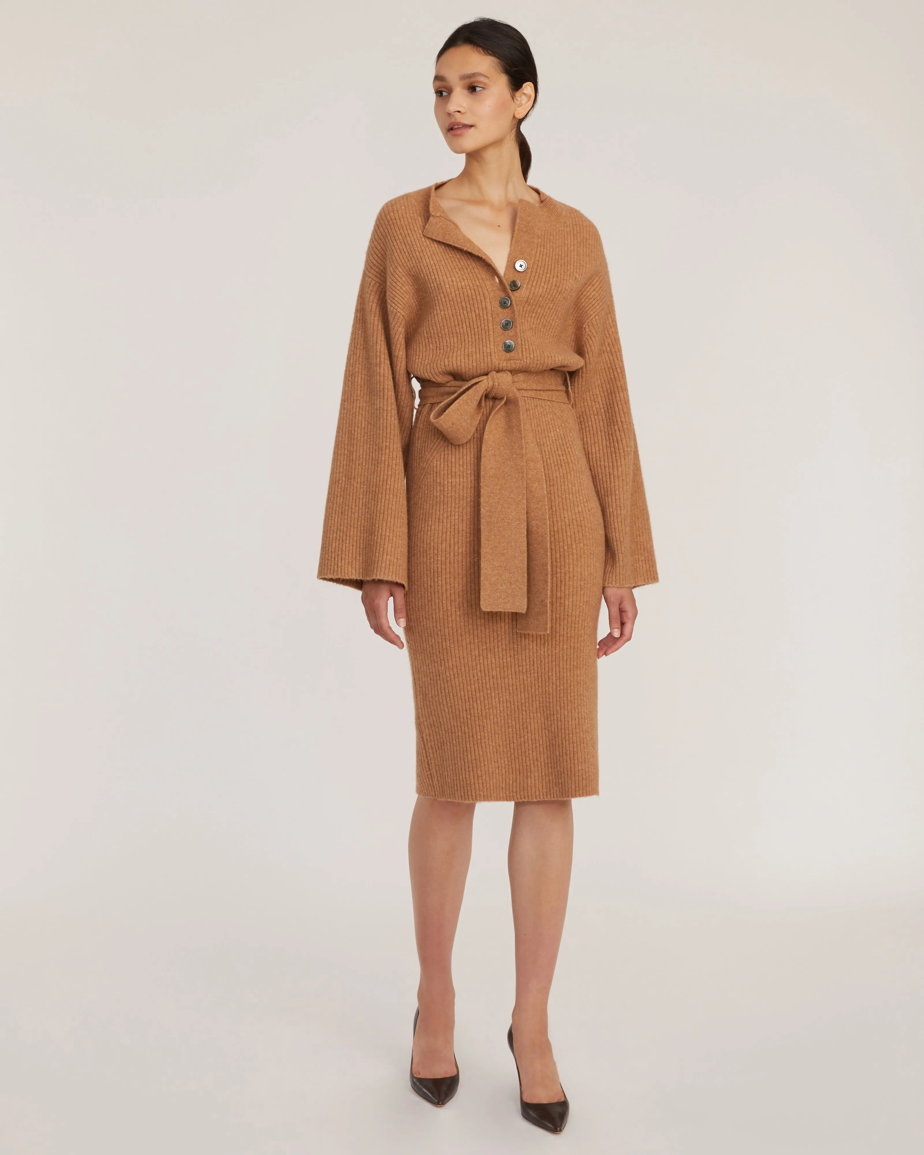 Arie Ribbed Cashmere Blend Henley Midi Sweater Dress in Camel