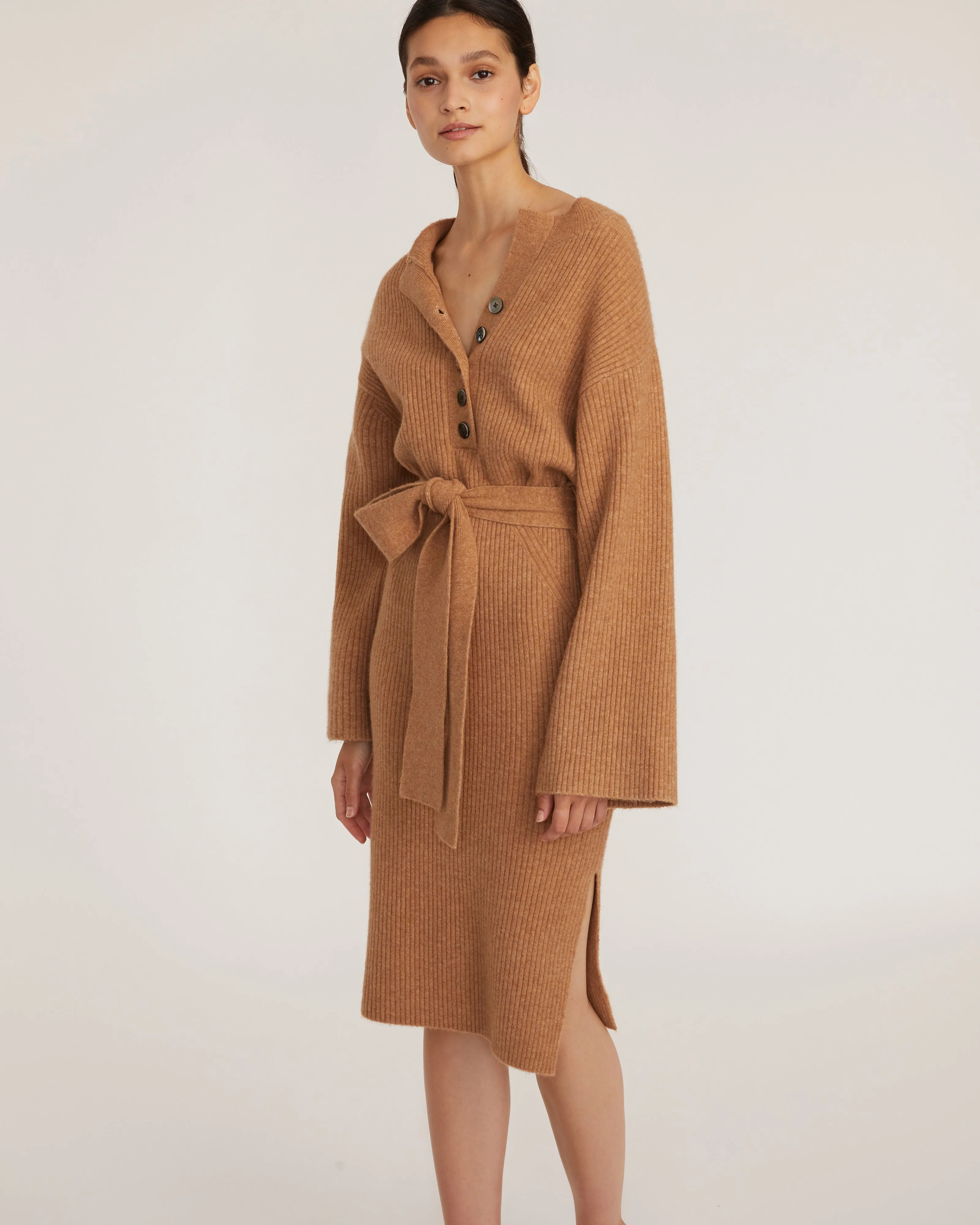 Arie Ribbed Cashmere Blend Henley Midi Sweater Dress in Camel