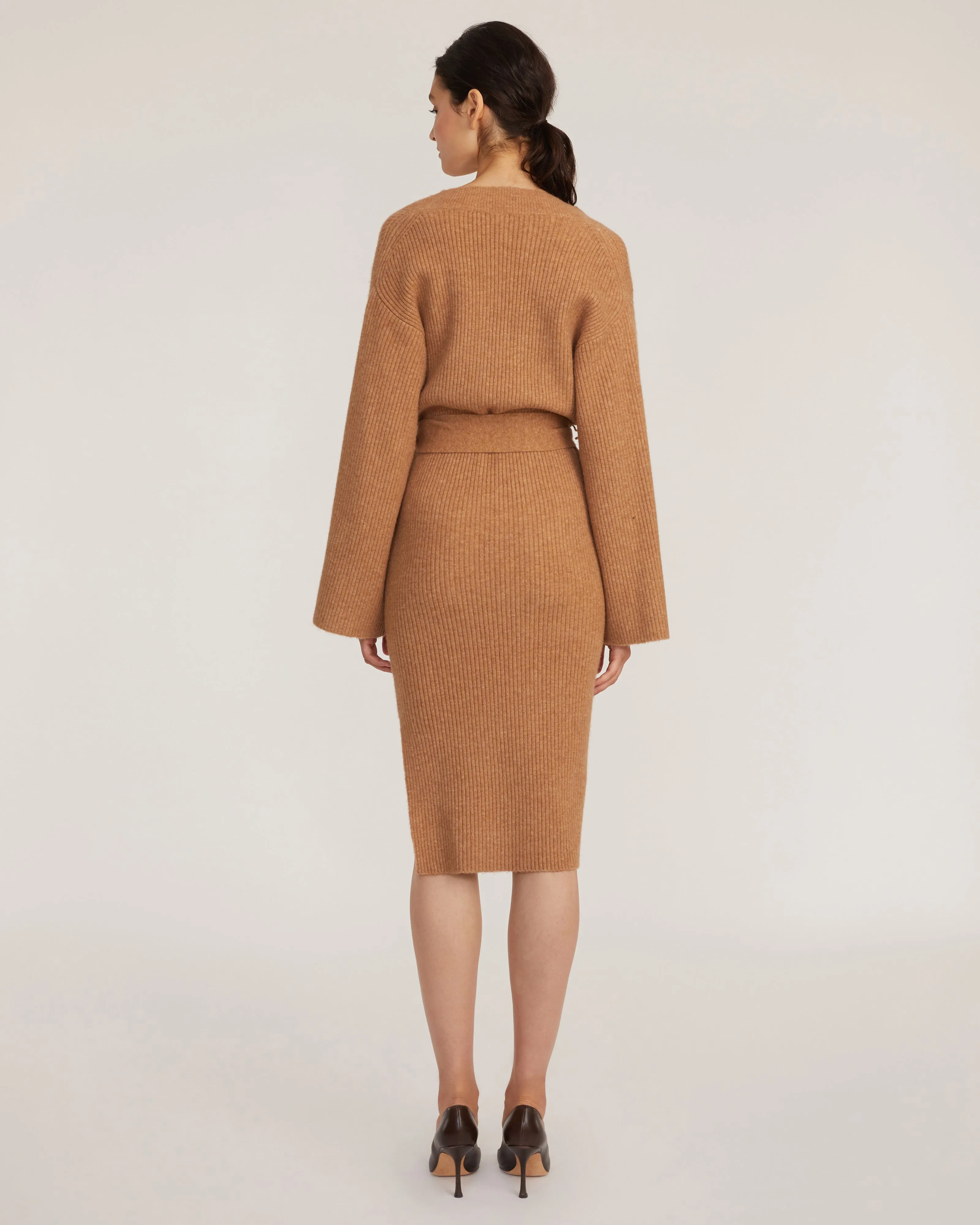 Arie Ribbed Cashmere Blend Henley Midi Sweater Dress in Camel