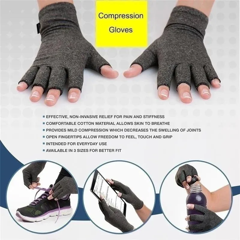 Arthritis Gloves Pair - Cotton Wrist Support Pain Relief - Hand Brace Compression - Half Finger Therapy Wristband