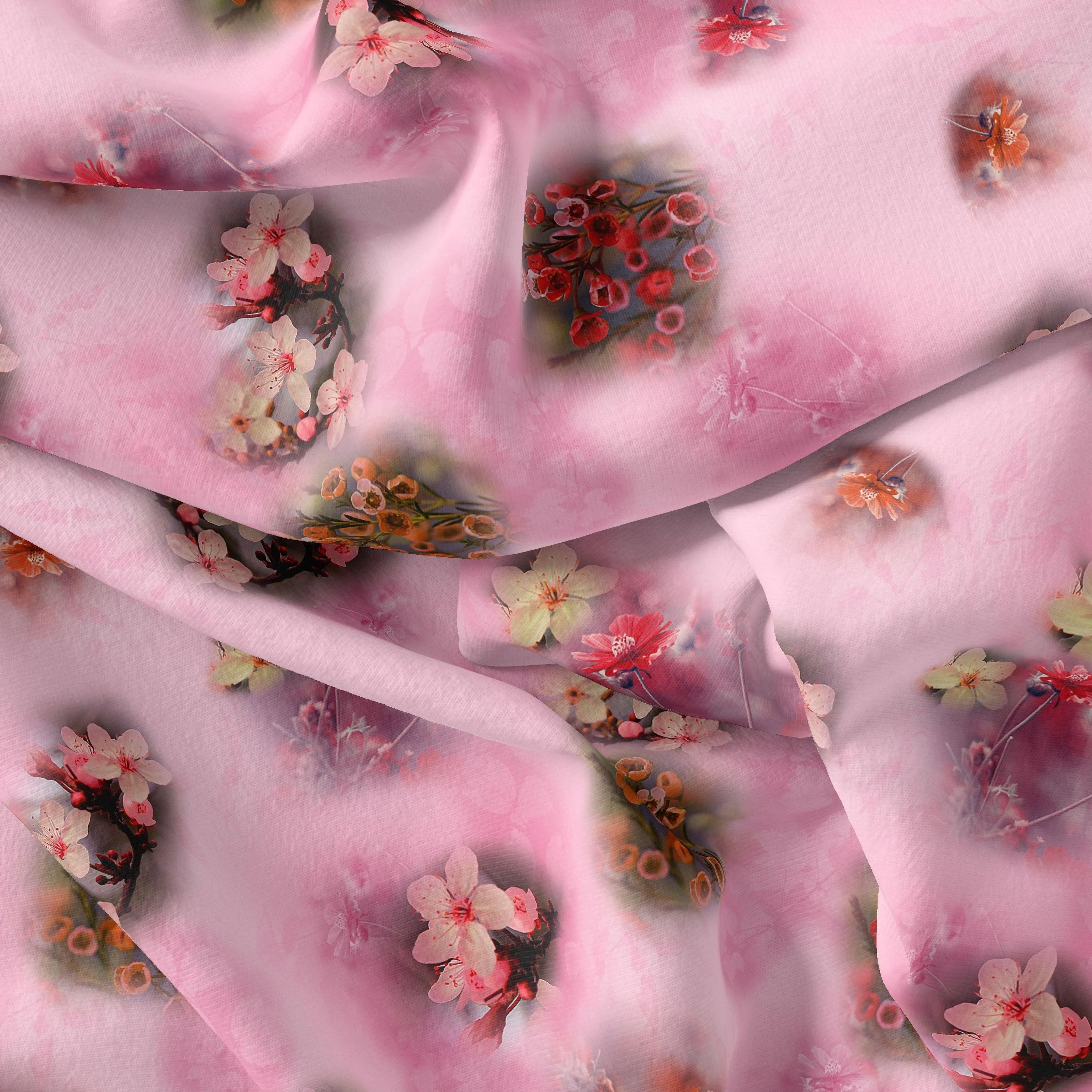 Attractive Jasmin Pink Flower With Orange Rose Digital Printed Fabric