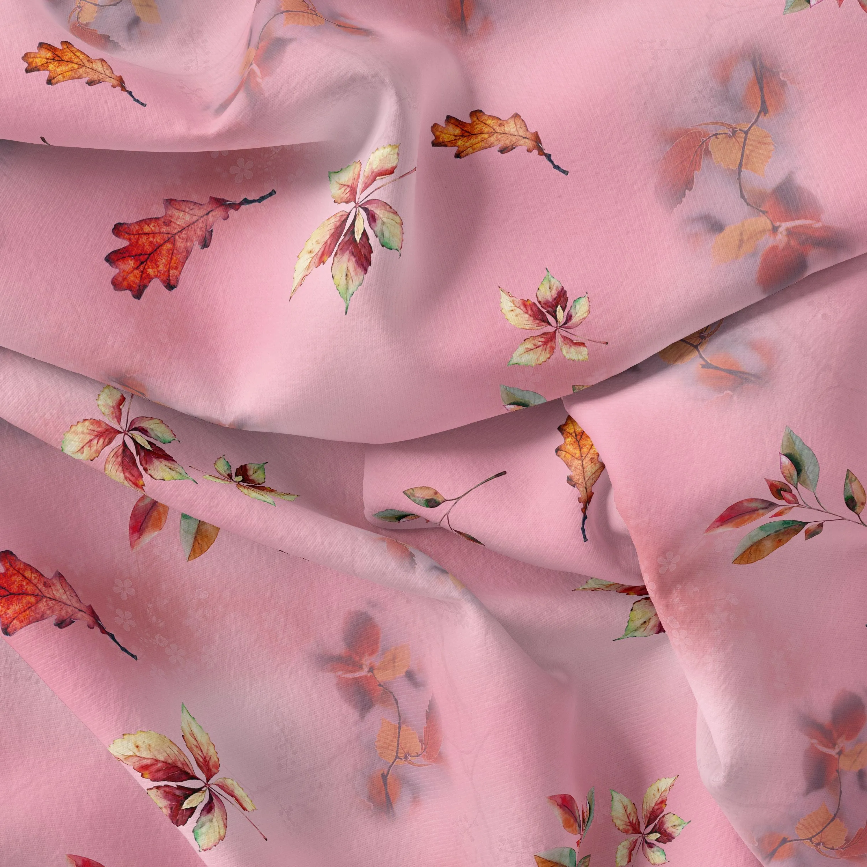 Attractive Multicolour Leaves With Pink Background Digital Printed Fabric