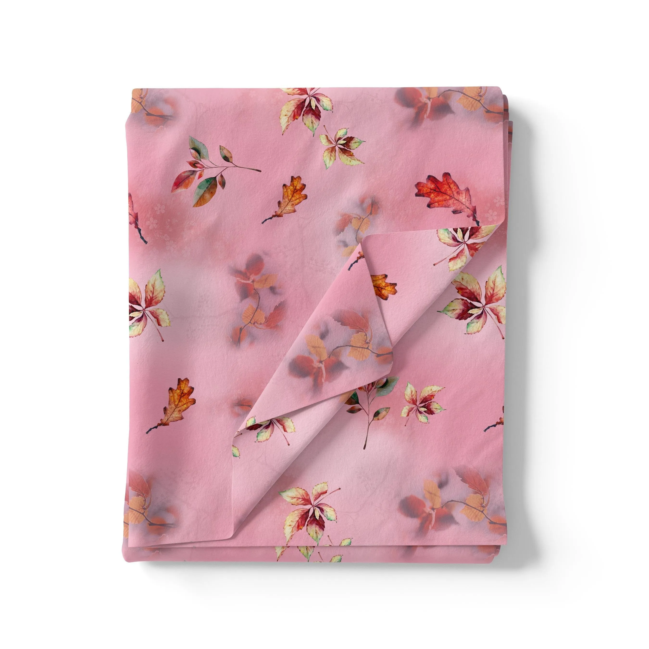 Attractive Multicolour Leaves With Pink Background Digital Printed Fabric