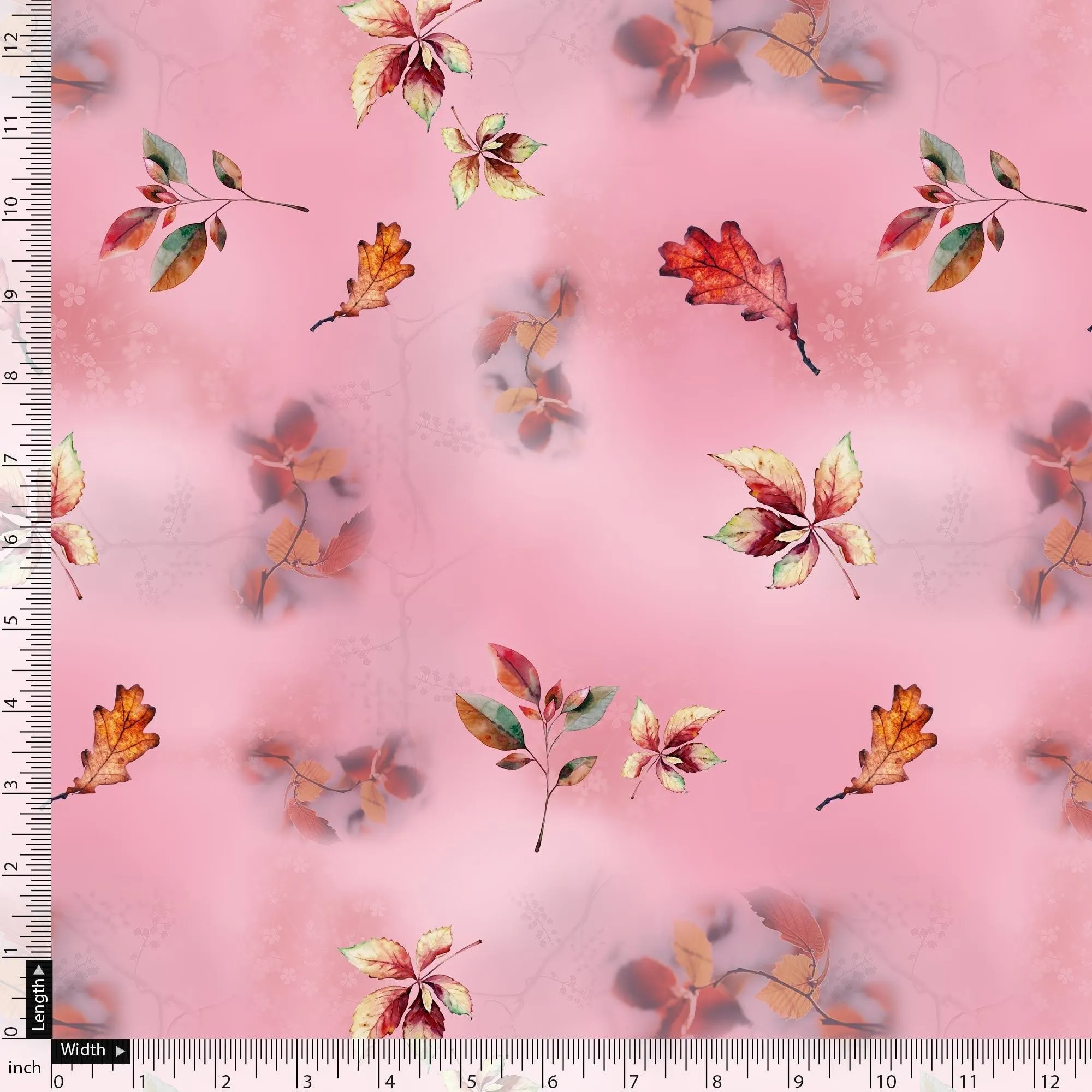 Attractive Multicolour Leaves With Pink Background Digital Printed Fabric