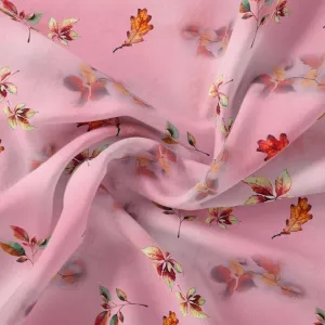 Attractive Multicolour Leaves With Pink Background Digital Printed Fabric