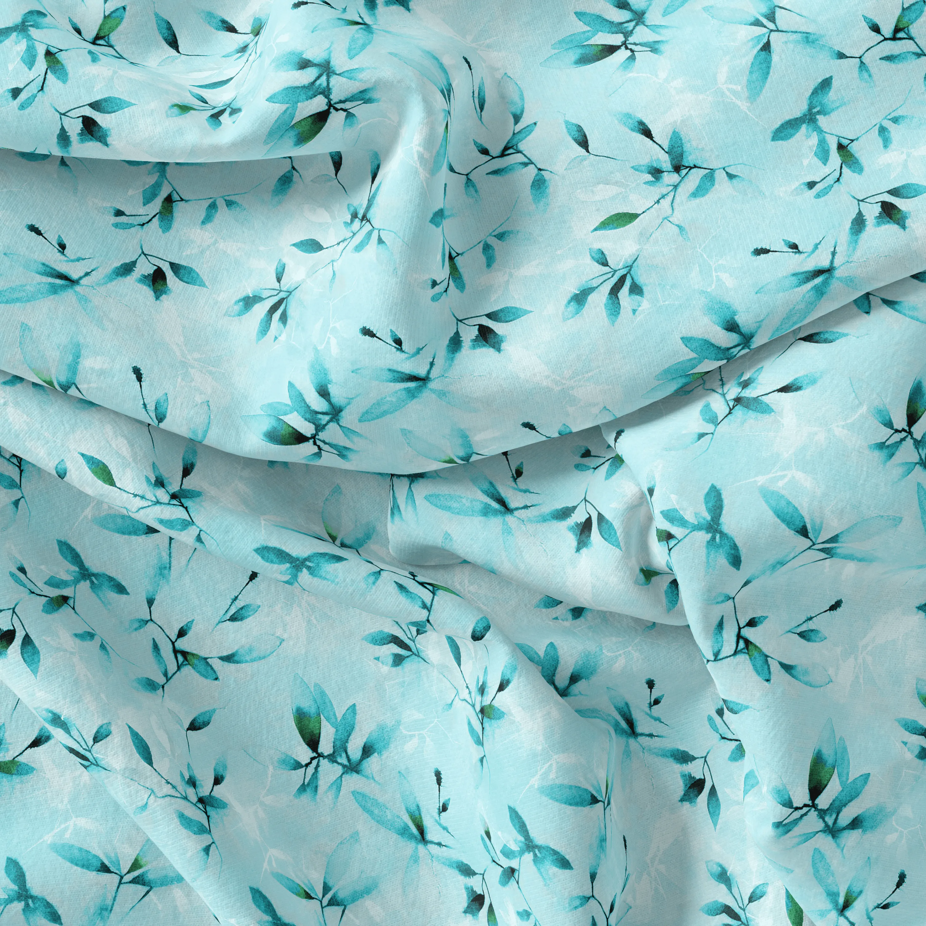 Attractive Sky Blue Leaves Digital Printed Fabric