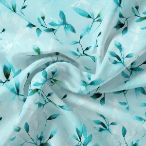 Attractive Sky Blue Leaves Digital Printed Fabric