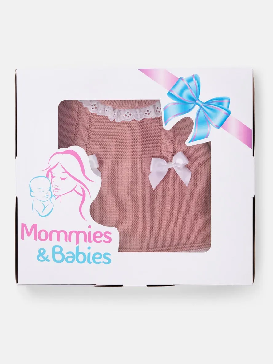 Baby Girl 3-piece Cable Knit Gift Box Set with Bonnet-Dusty Pink