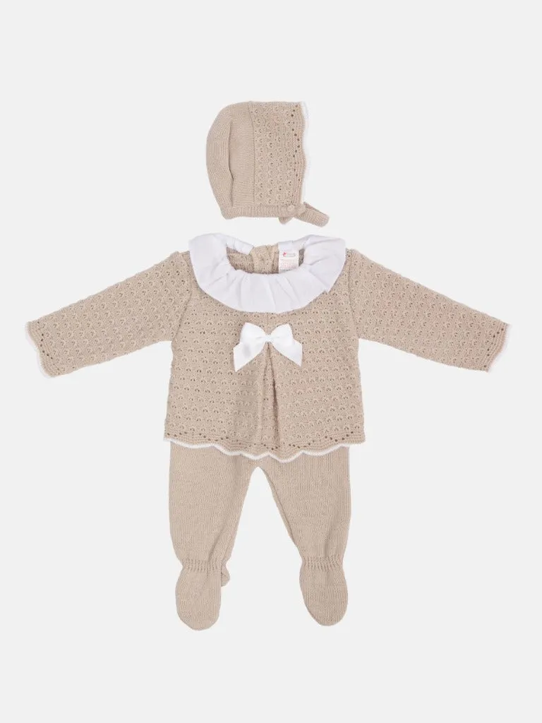 Baby Girl Mia Collection 3-piece Knitted Set with Bow and Bonnet-Beige