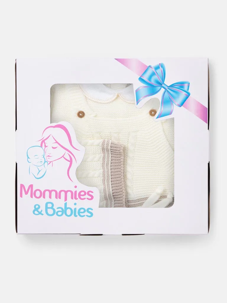 Baby Unisex 3-piece Top, Dungaree & Bonnet Cable Knitted Gift Box Set-Ivory & Beige