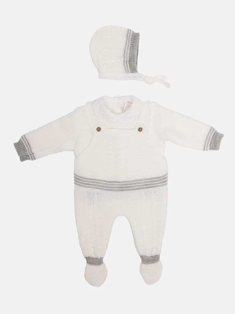 Baby Unisex 3-piece Top, Dungaree & Bonnet Cable Knitted Gift Box Set-White & Grey