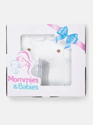 Baby Unisex 3-piece Top, Dungaree & Bonnet Cable Knitted Gift Box Set-White & Grey