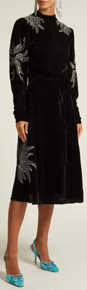 Bead-Embroidered Velvet Midi Dress