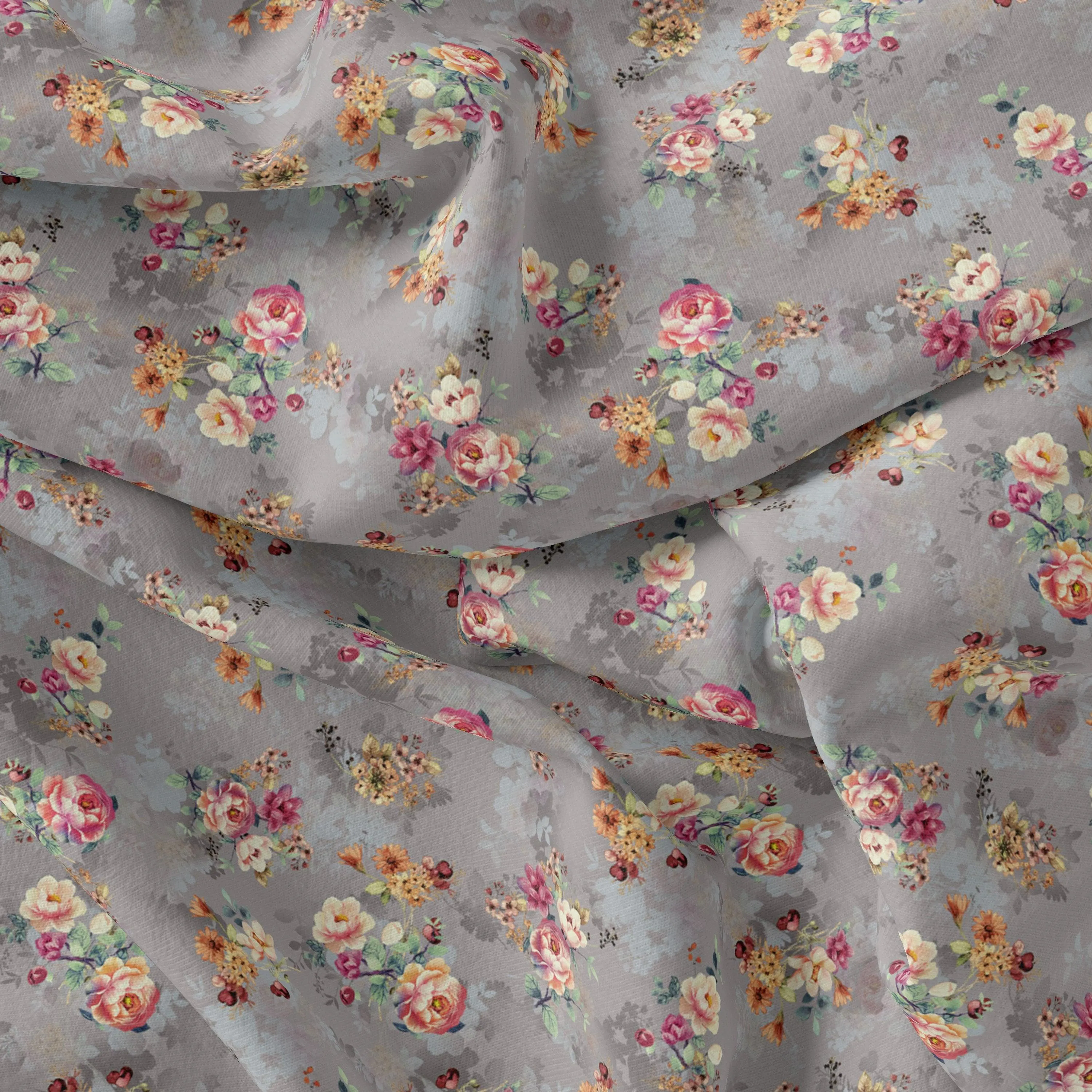 Beautiful Gradient Poppy And Orchid Flower Digital Printed Fabric