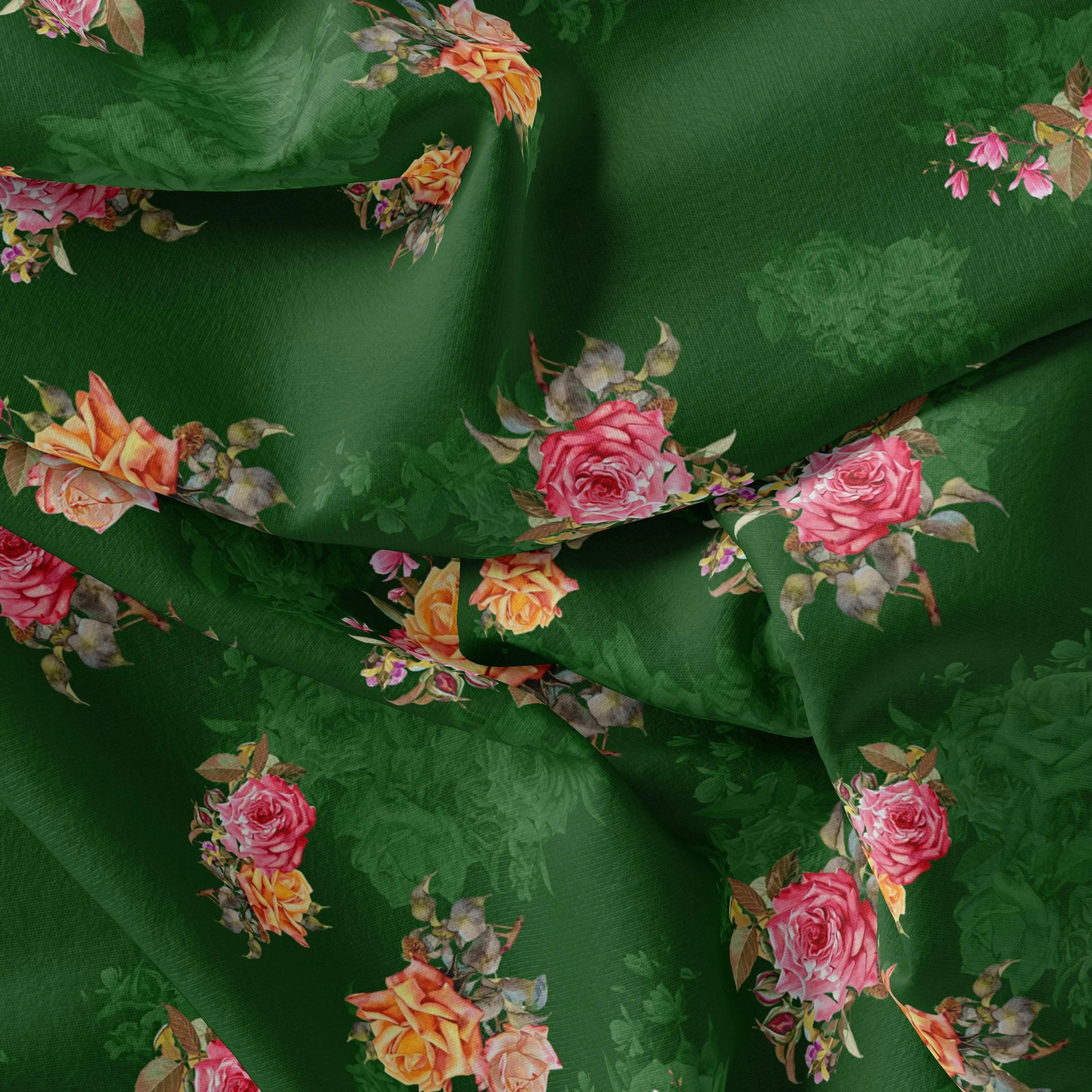 Beautiful Roses With Leaves Digital Printed Fabric