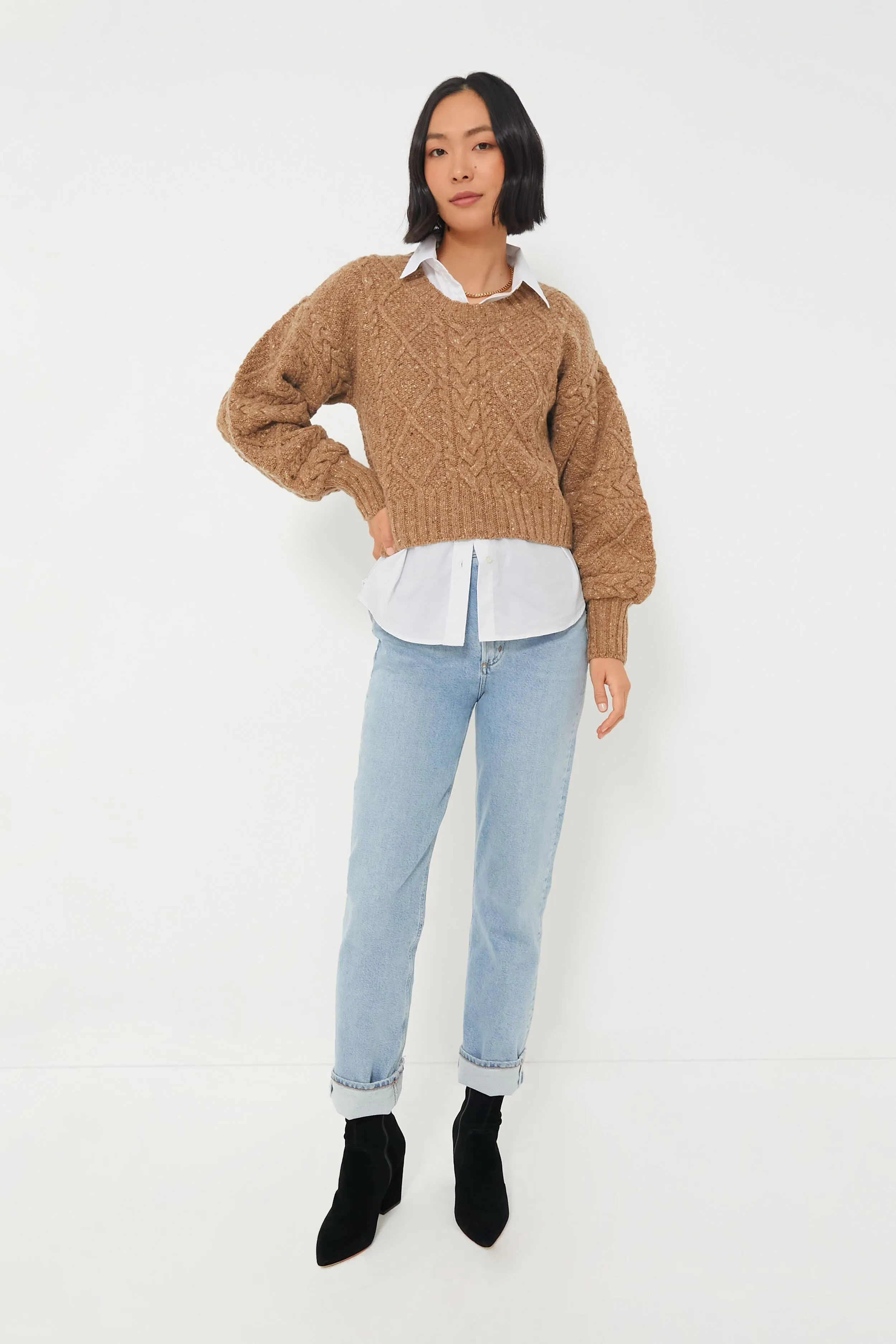 Biscuit Cable Knit Cropped Crew Neck Sweater