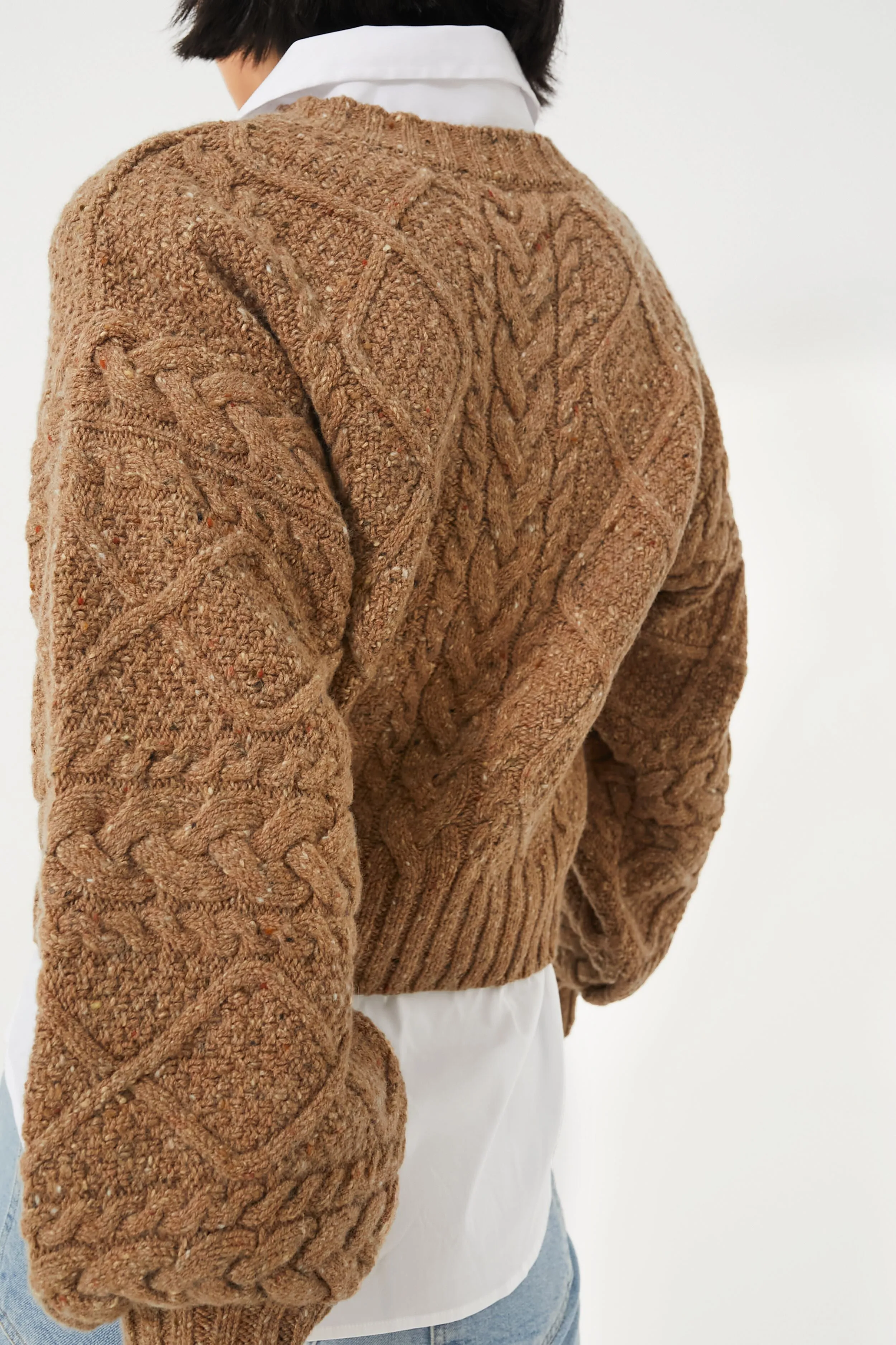 Biscuit Cable Knit Cropped Crew Neck Sweater