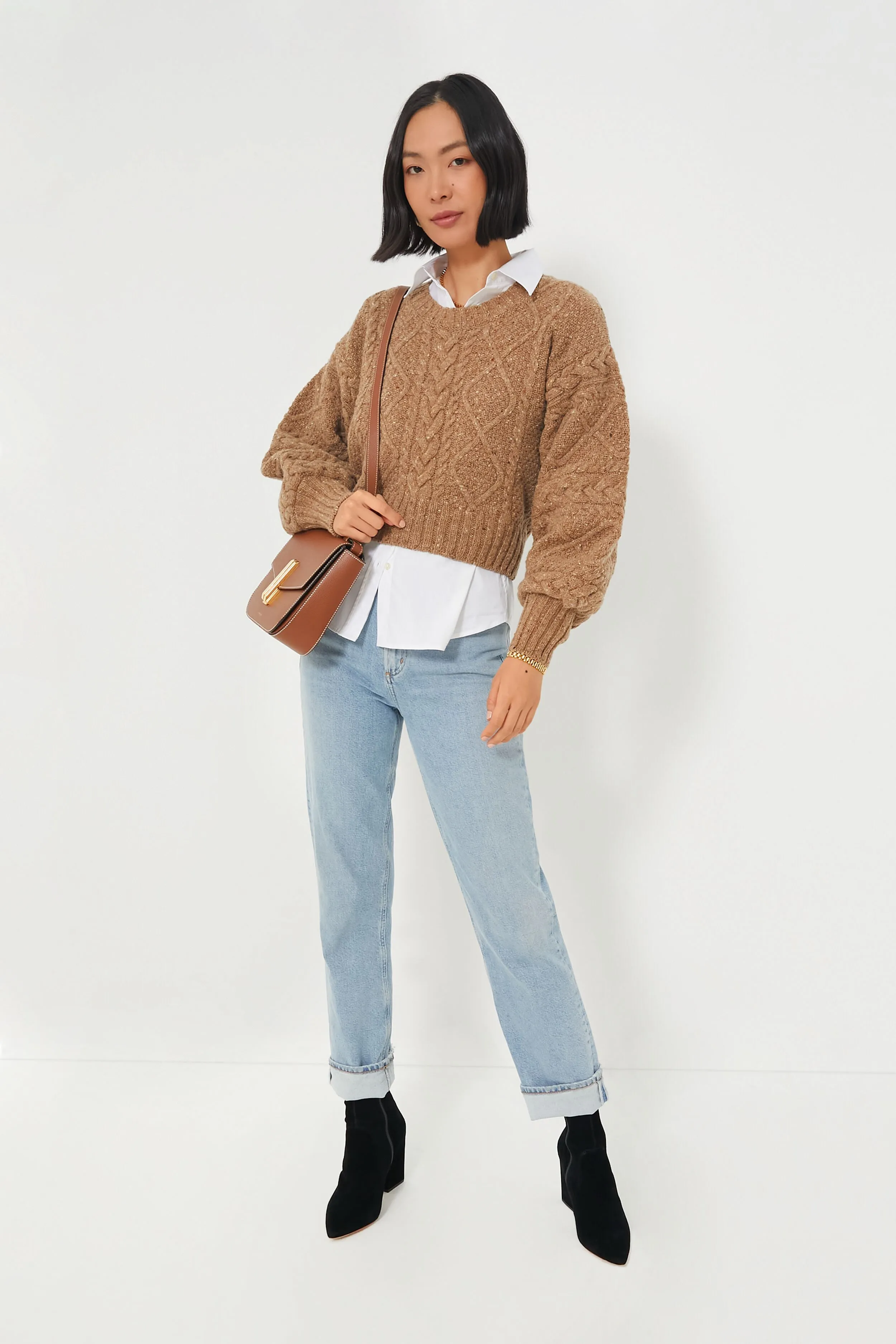 Biscuit Cable Knit Cropped Crew Neck Sweater