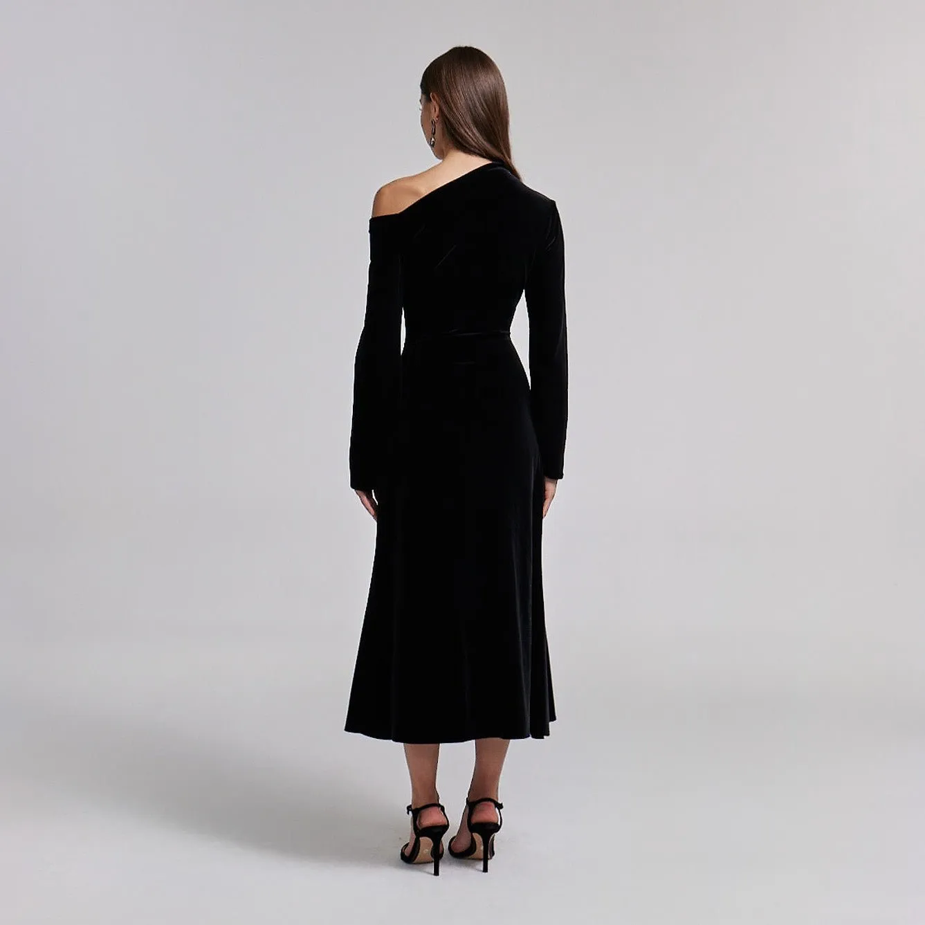 Black Bare Shoulder Velvet Midi Dress