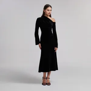 Black Bare Shoulder Velvet Midi Dress