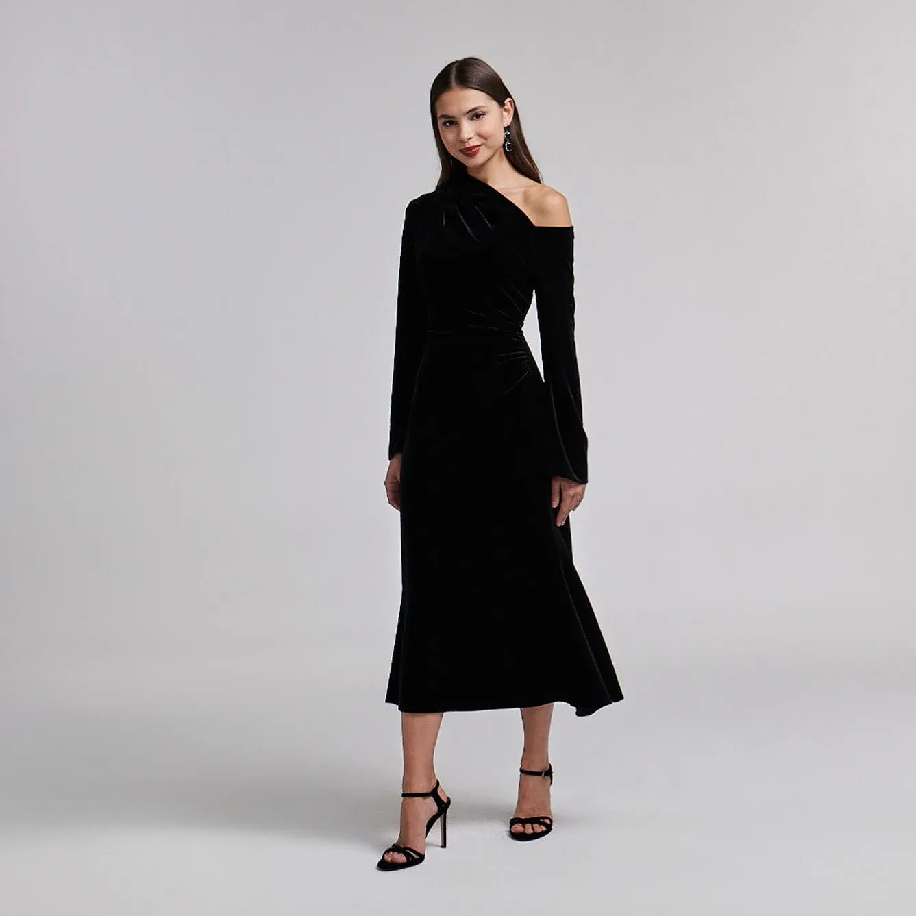 Black Bare Shoulder Velvet Midi Dress