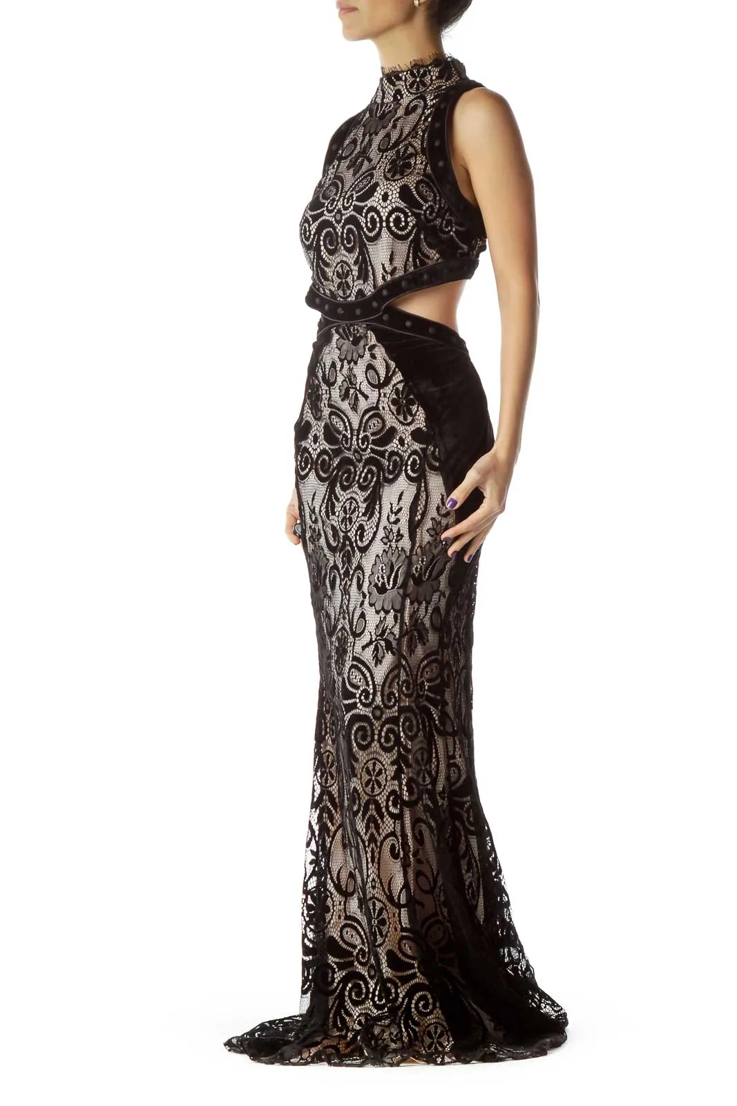 Black Lace Velvet Open Back Gown