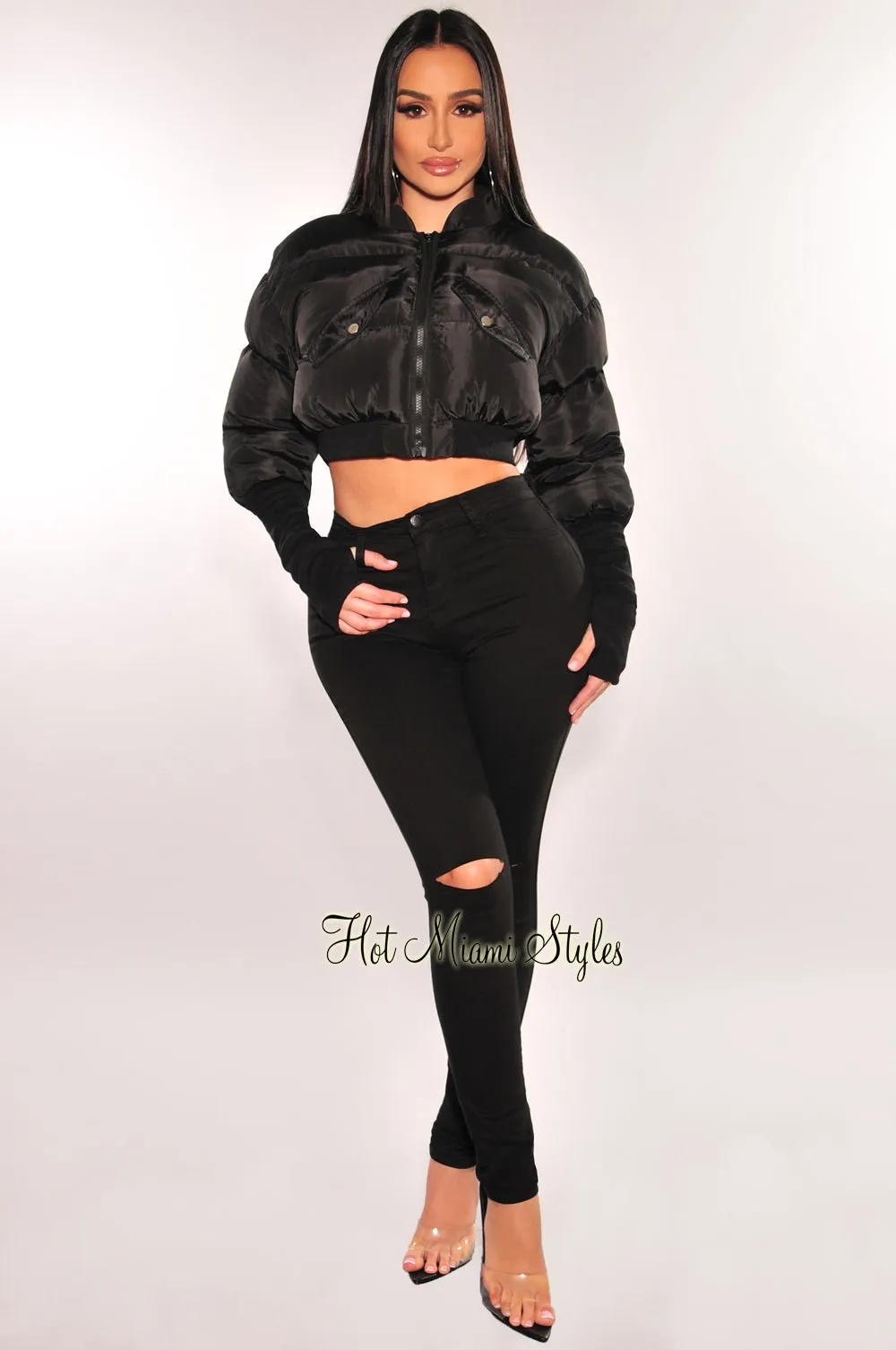 Black Mock Neck Puffer Zip Up Long Sleeve Crop Jacket