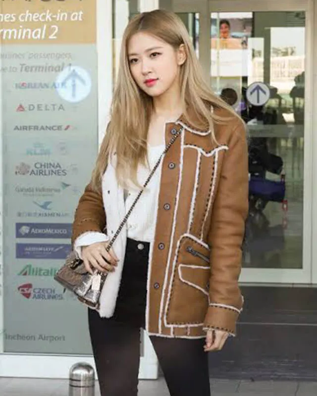 Blackpink Rose Brown Shearling Leather Jacket Women