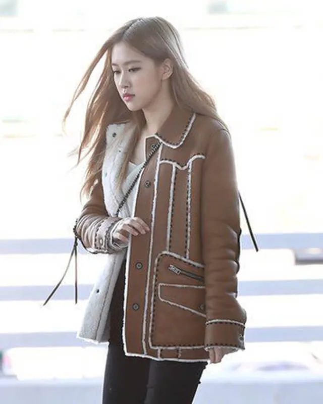 Blackpink Rose Brown Shearling Leather Jacket Women