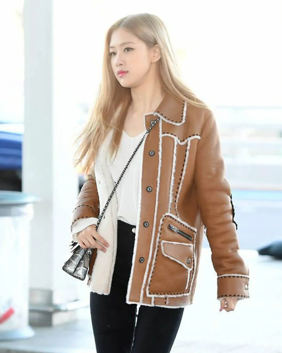 Blackpink Rose Brown Shearling Leather Jacket Women