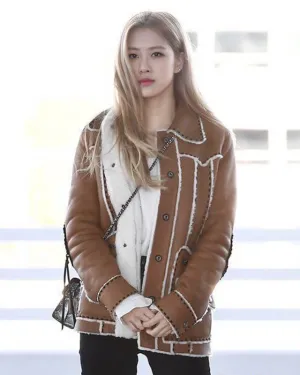 Blackpink Rose Brown Shearling Leather Jacket Women