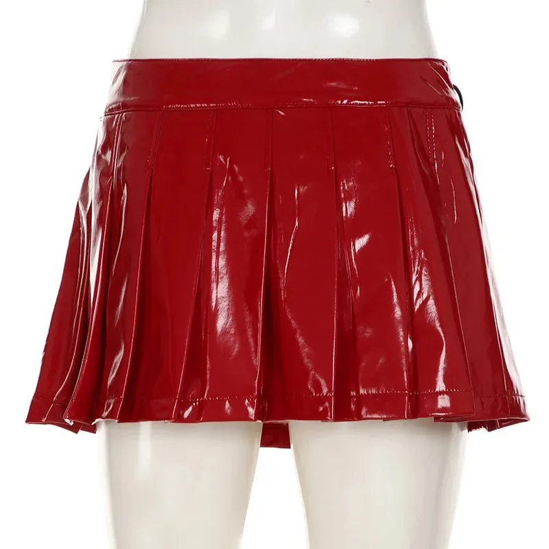 Bonnyshow Autumn Winter Christmas Red PU Leather Mini Pleated Skirts Fashion Metal Rings Casual A-line Y2K Streetwear Skirt Clubwear