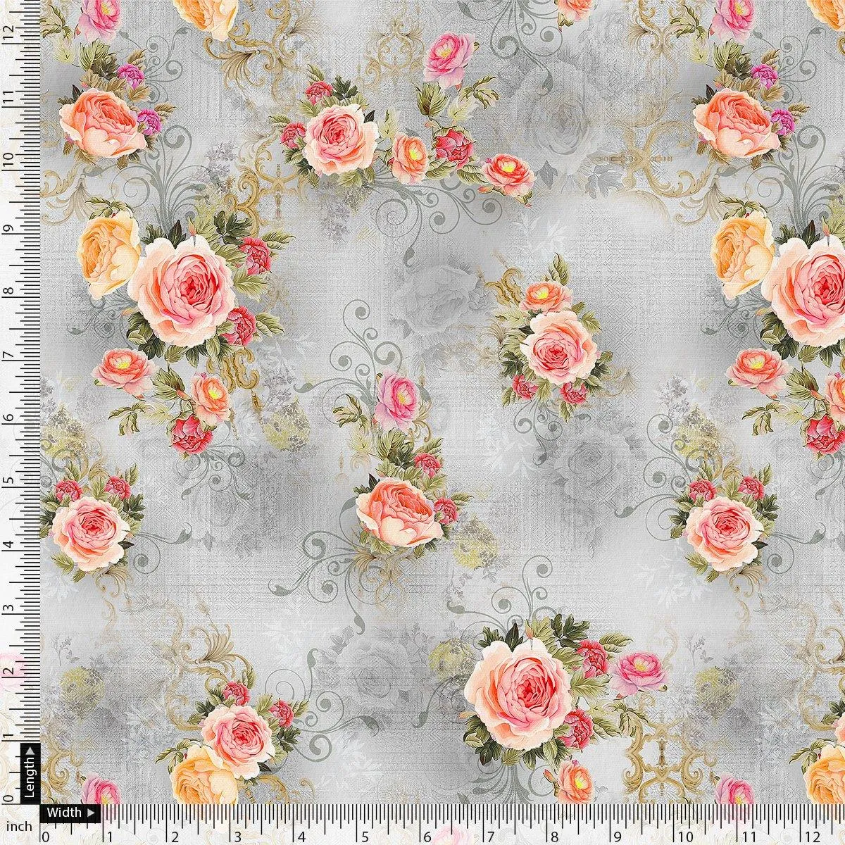 Bright Vintage Pink With Orange Rose Digital Printed Fabric