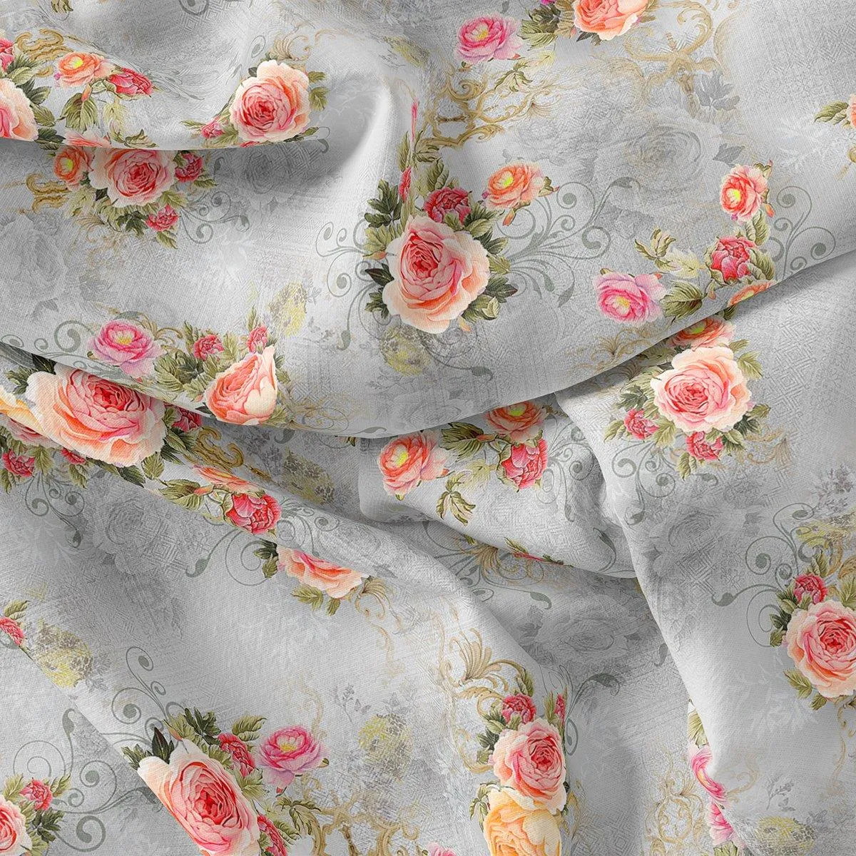 Bright Vintage Pink With Orange Rose Digital Printed Fabric