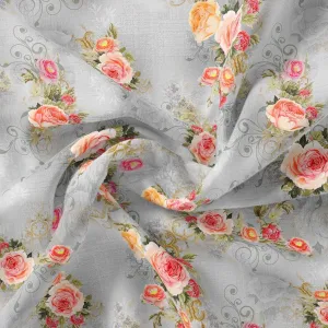 Bright Vintage Pink With Orange Rose Digital Printed Fabric