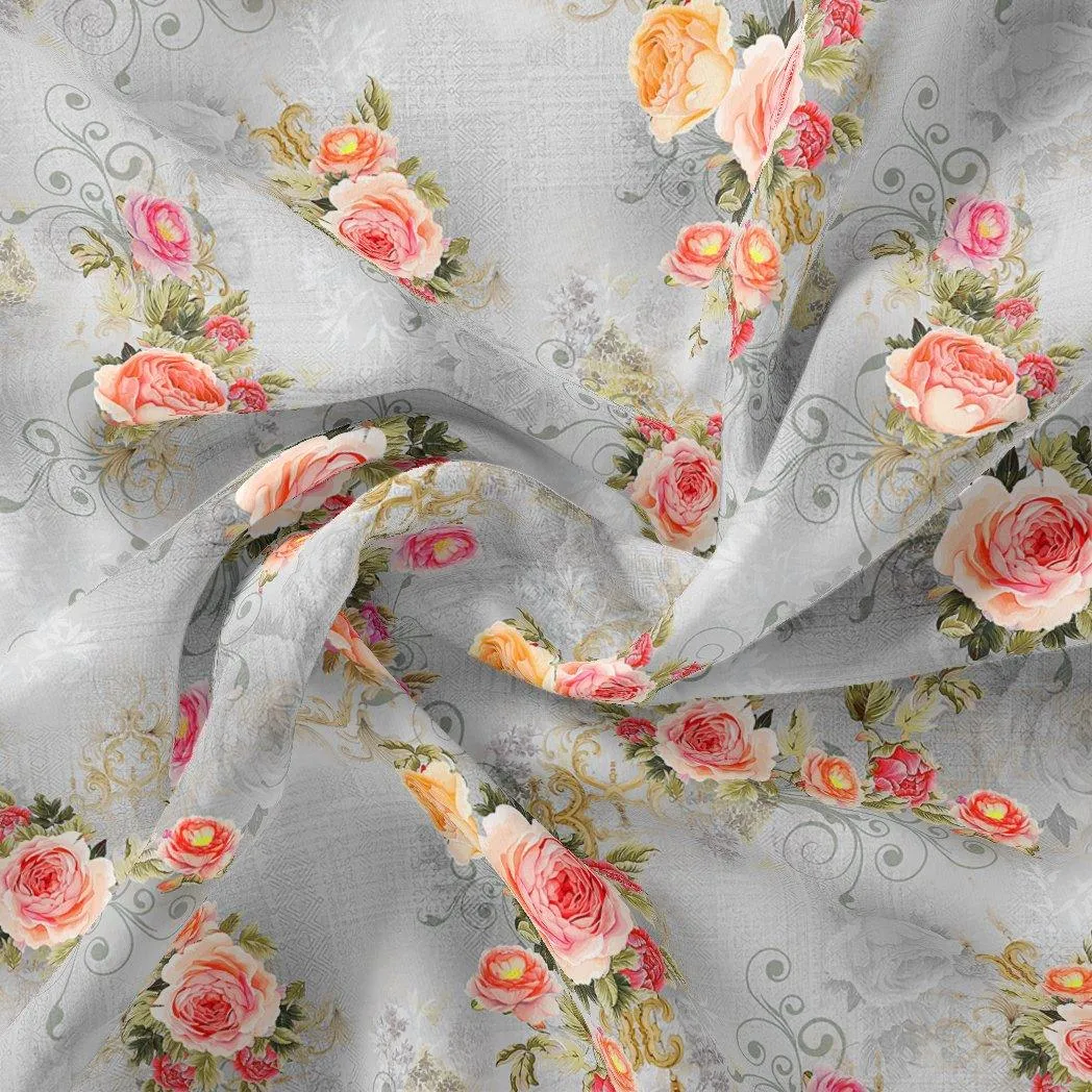 Bright Vintage Pink With Orange Rose Digital Printed Fabric