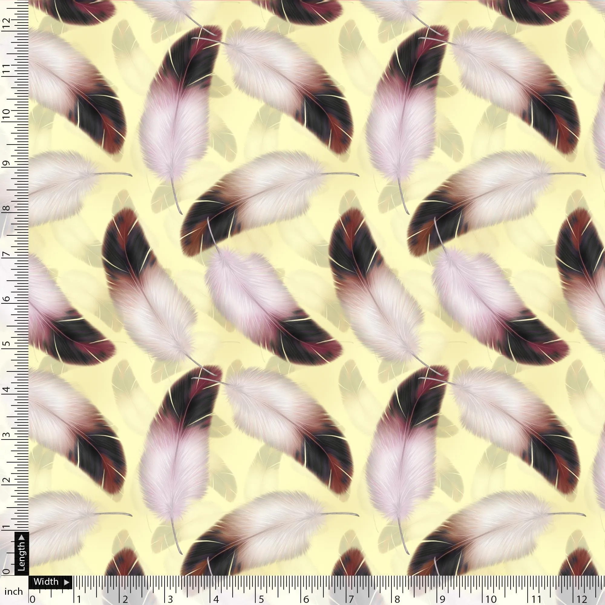 Brown Feather With pastel Yellow Background Digital Printed Fabric