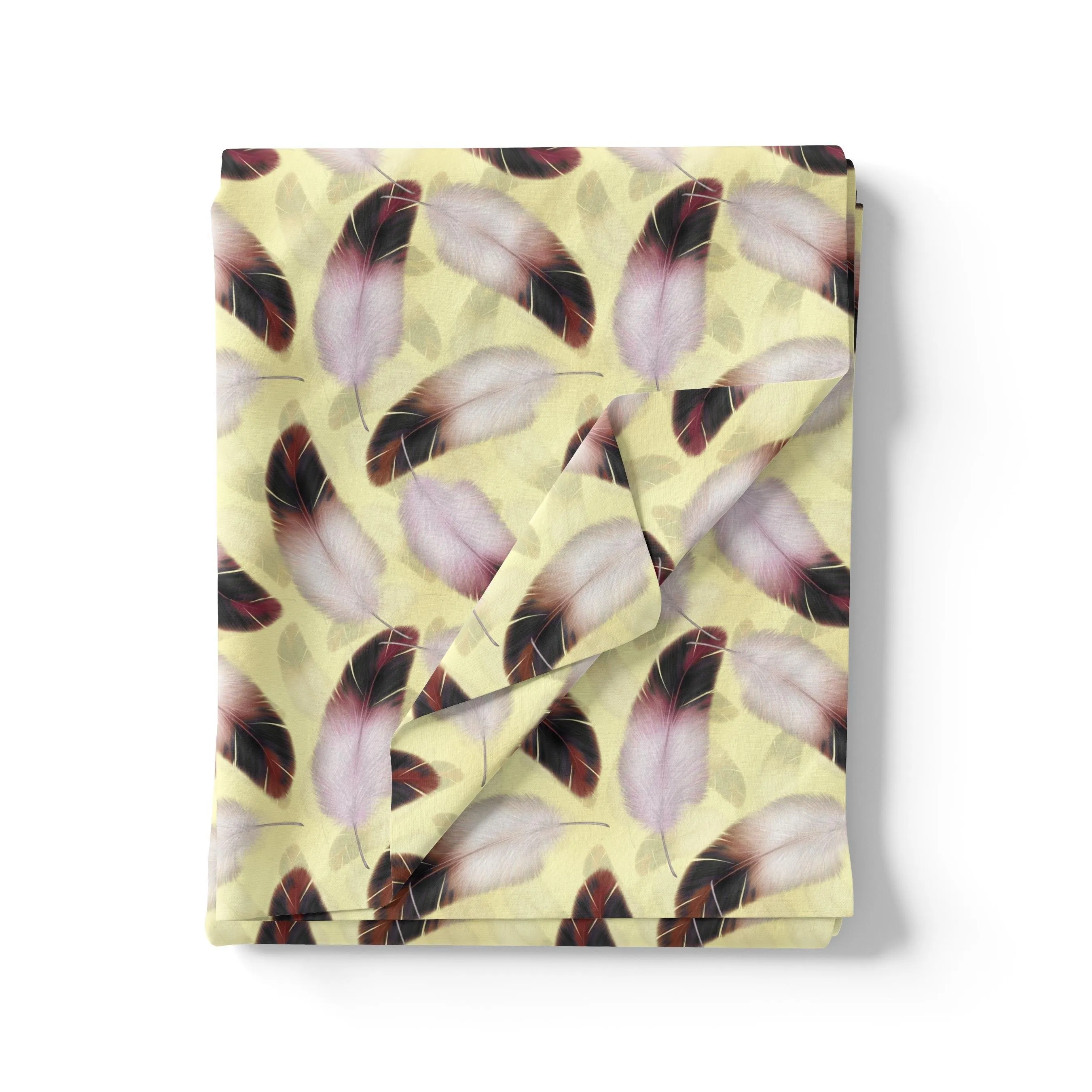 Brown Feather With pastel Yellow Background Digital Printed Fabric