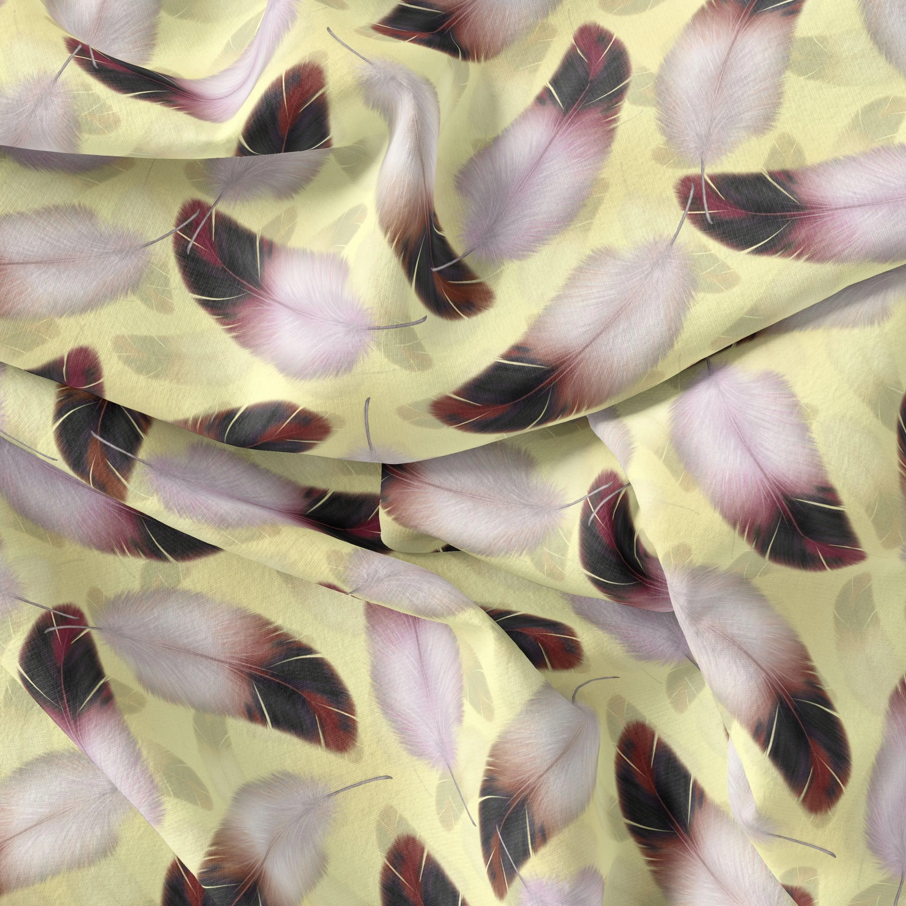 Brown Feather With pastel Yellow Background Digital Printed Fabric