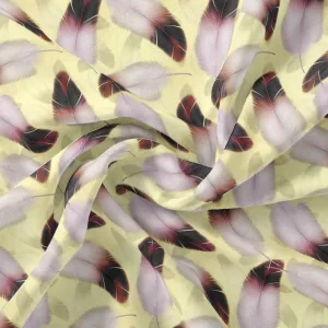 Brown Feather With pastel Yellow Background Digital Printed Fabric