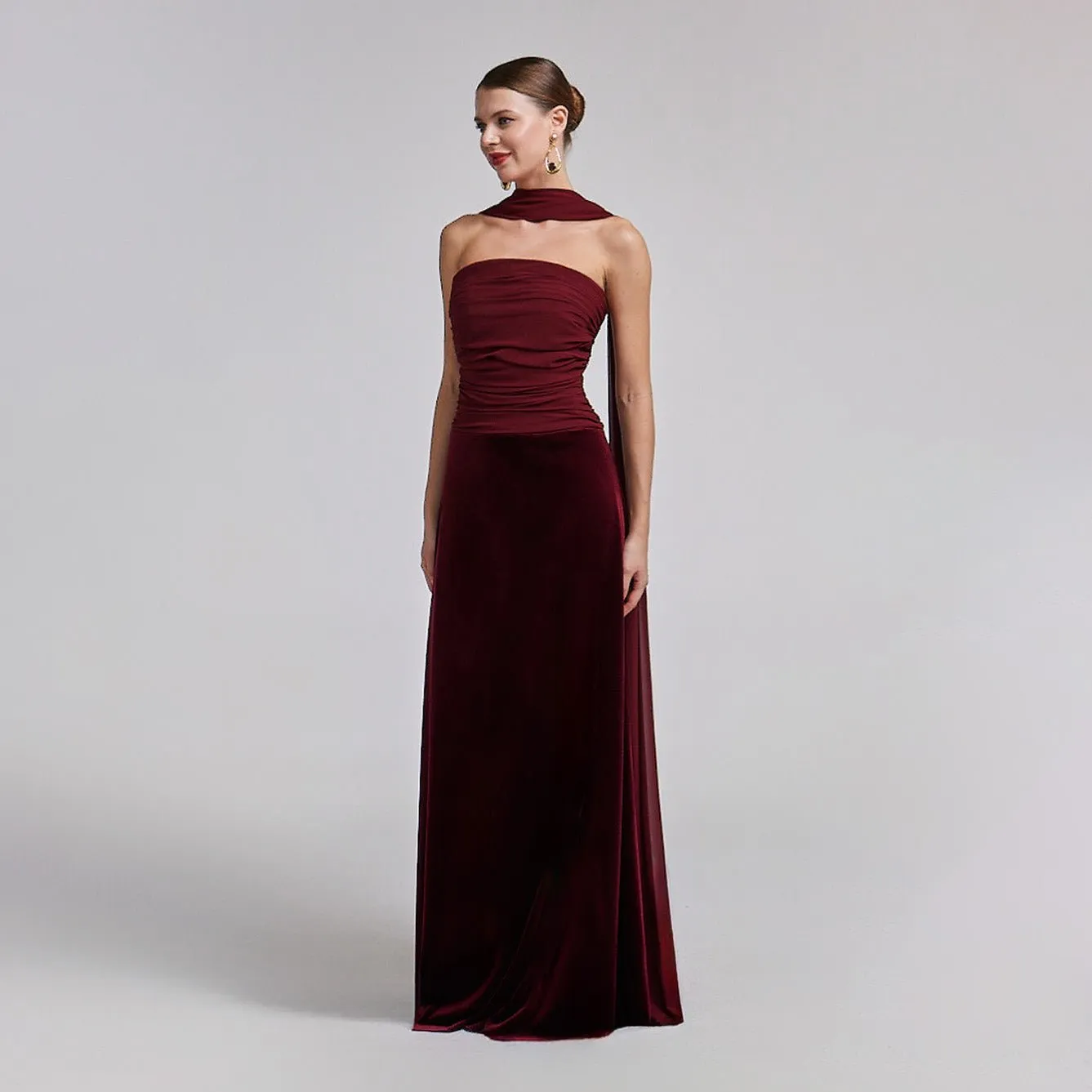 Burgundy Velvet-Chiffon Strapless Gown with Draped Scarf