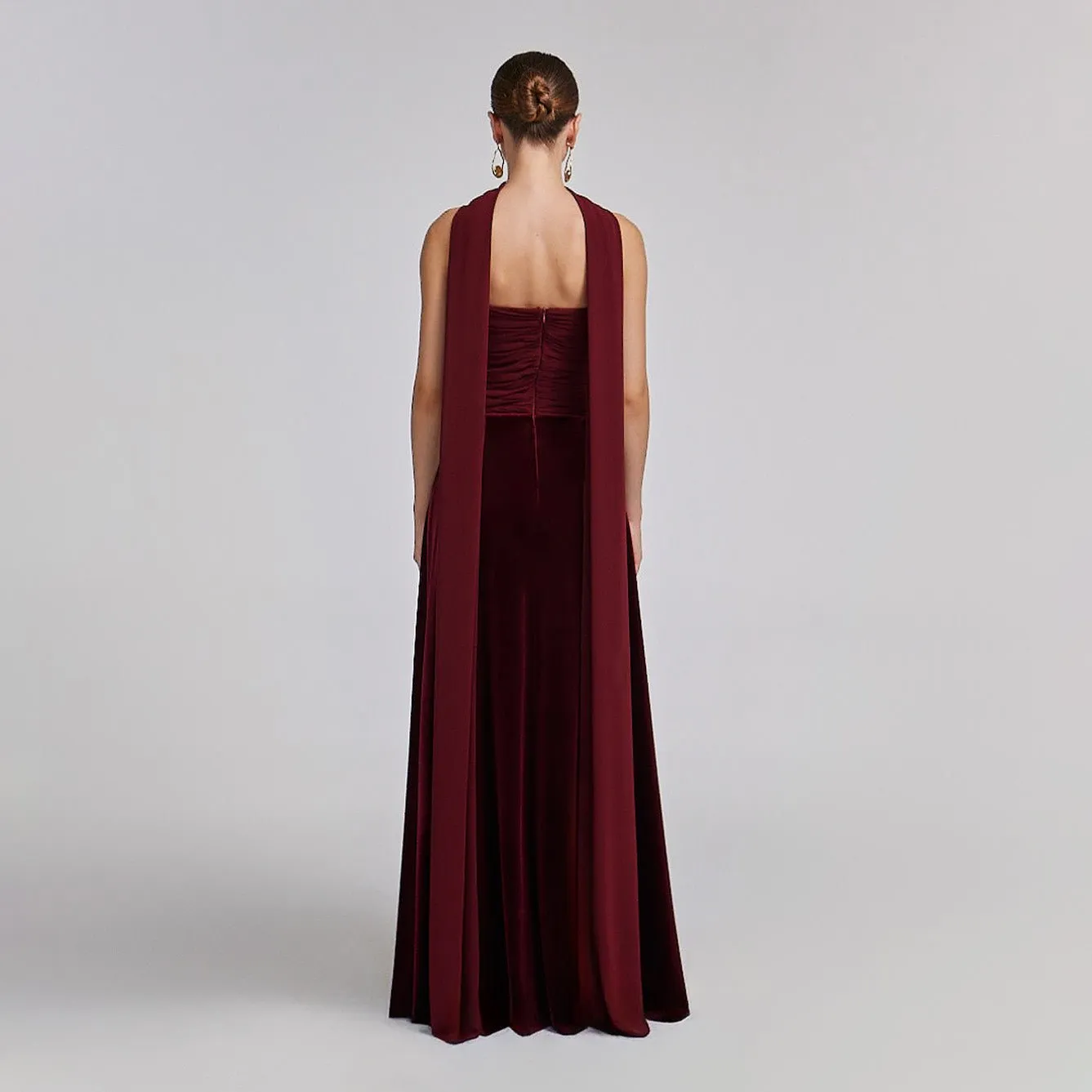 Burgundy Velvet-Chiffon Strapless Gown with Draped Scarf