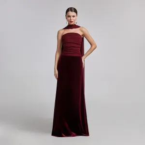 Burgundy Velvet-Chiffon Strapless Gown with Draped Scarf